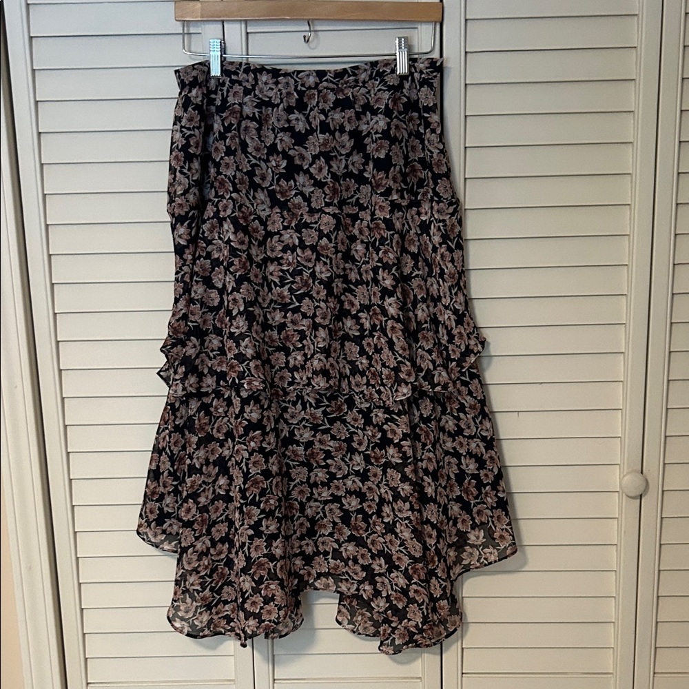 LOFT Black and Pink Floral High Low Skirt